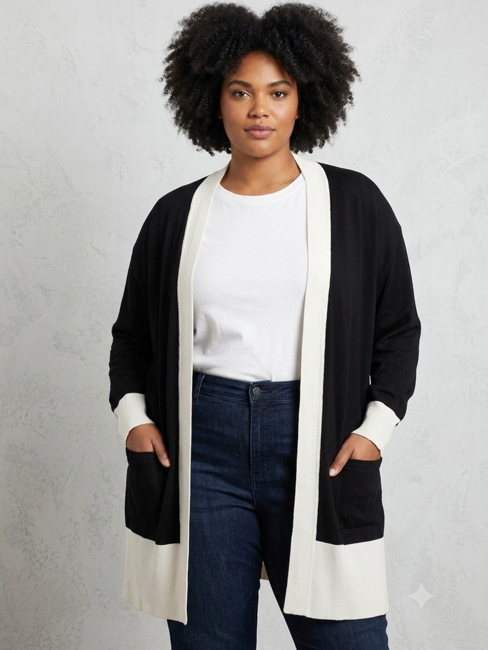 ​Madison + Hudson Black Colorblock Ribbed Trim Open Front Cardigan 3X